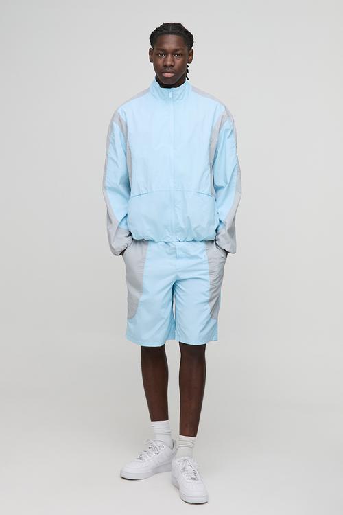 Elasticated Waist Relaxed Fit Colour Block Nylon Short - Blue
