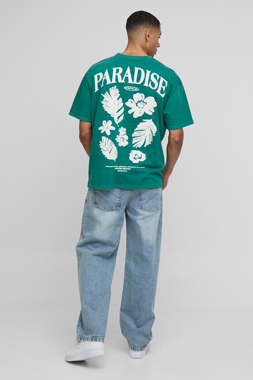 Oversized Paradise Floral Print Washed T-shirt - Forest