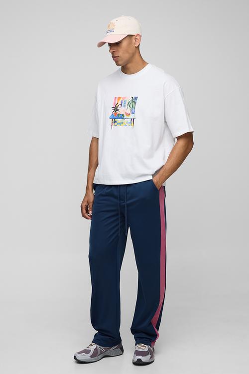 Elasticated Waist Relaxed Fit Side Panel Track Pants - navy