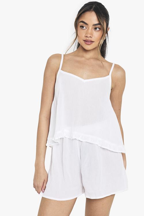 Bridal textured cheesecloth ruffle detail cami top & shorts - white