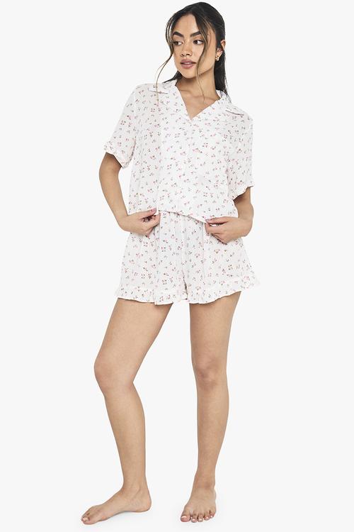 Floral print cheesecloth short sleeve shirt & shorts pyjama - multi