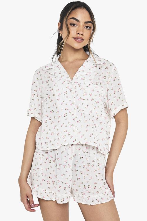 Floral print cheesecloth short sleeve shirt & shorts pyjama - multi