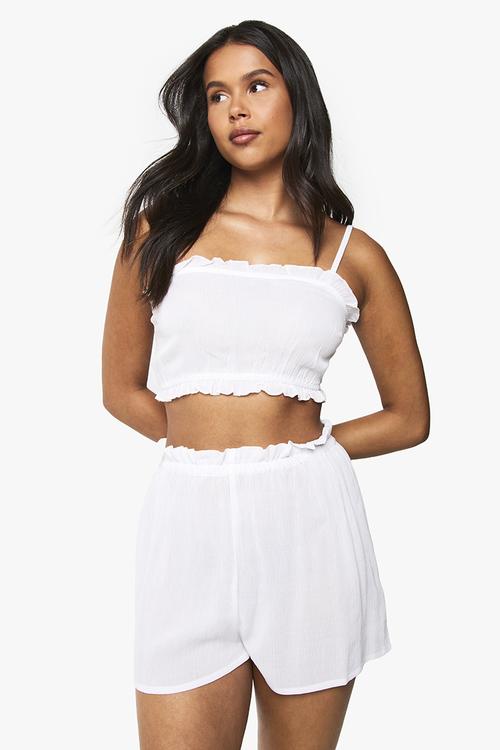 Bridal textured cheesecloth ruffle detail cami top & shorts - white