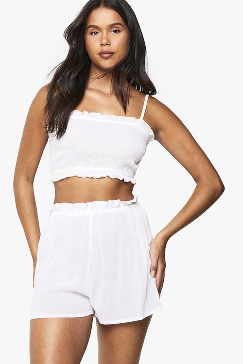 Bridal textured cheesecloth ruffle detail cami top & shorts - white