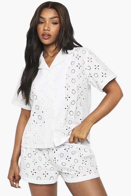 Broderie anglaise short sleeve shirt & shorts pyjama set - white