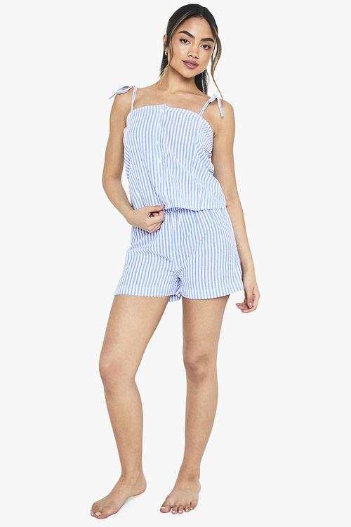 Seersucker stripe button cami & short pyjama set - blue