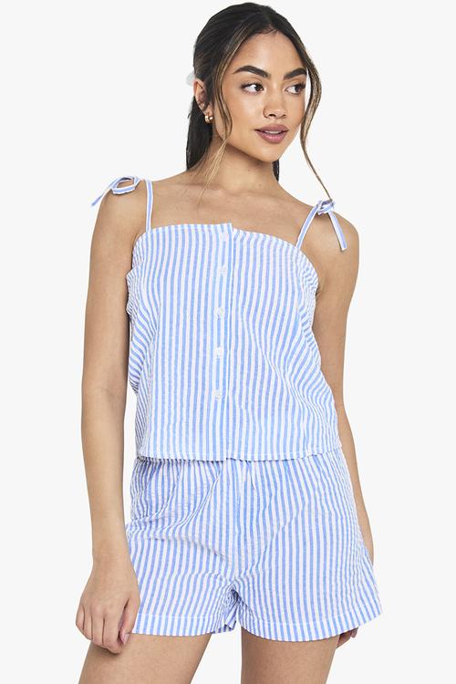 Seersucker stripe button cami & short pyjama set - blue