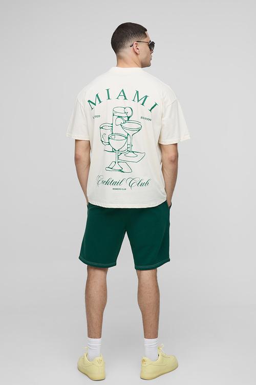 Oversized Extended Neck Miami Cocktail Club T-shirt - Ecru