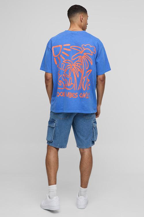 Oversized Good Vibes Only Washed Printed T-shirt - blue