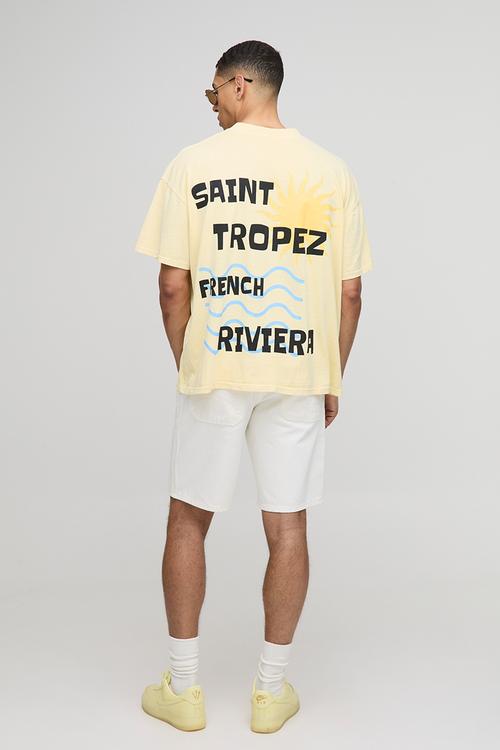 Oversized Extended Neck Washed Saint Tropez Graphic T-Shirt - Lemon