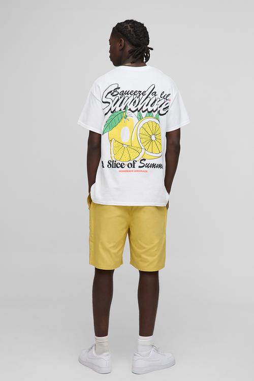 Oversized Extended Neck Summer Lemon Print T-Shirt - white