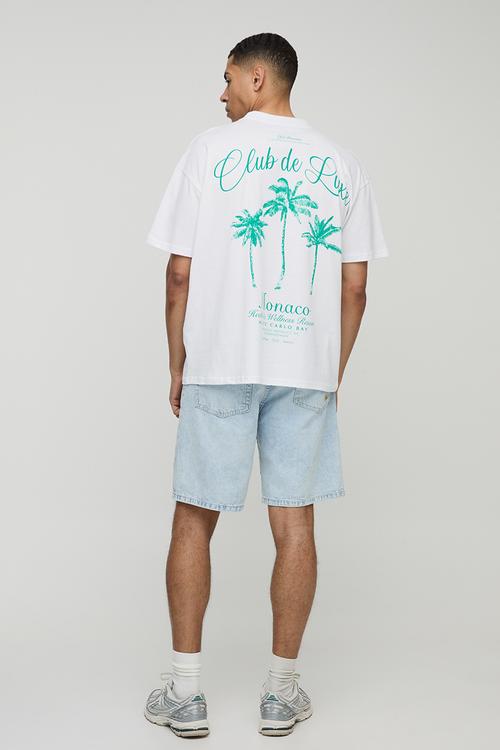 Oversized Extended Neck Club De Luxe Monaco Printed T-Shirt - White