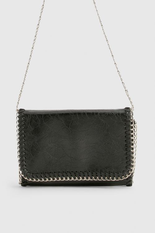 Distressed PU Chain Cross Body Bag - Black
