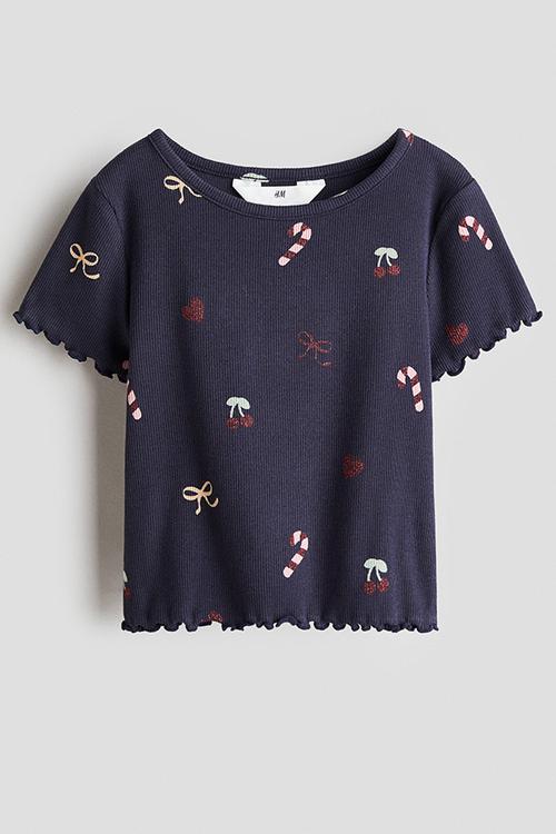 Ribbed cotton jersey top - navy blue/candy canes