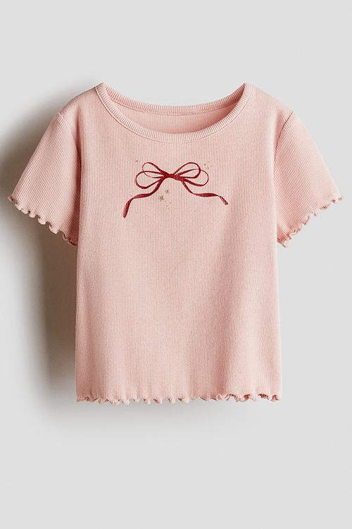Ribbed cotton jersey top - pink bow