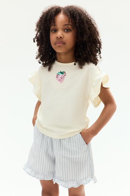 Sequined cotton top - light yellow strawberry
