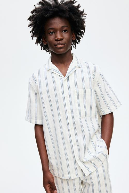 Cotton resort shirt - light blue & white striped