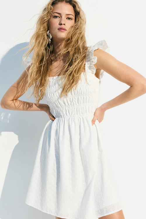 Smocked broderie anglaise dress - white