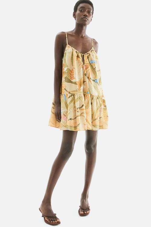 A-line strappy dress - beige floral 