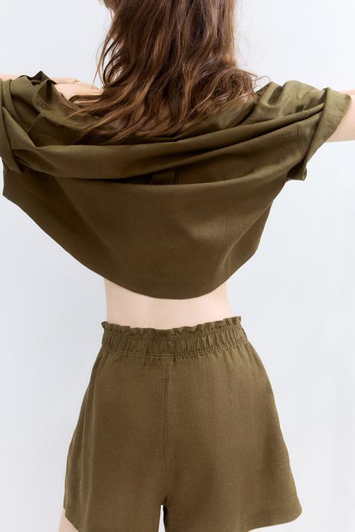 Linen-blend shorts - dark khaki green