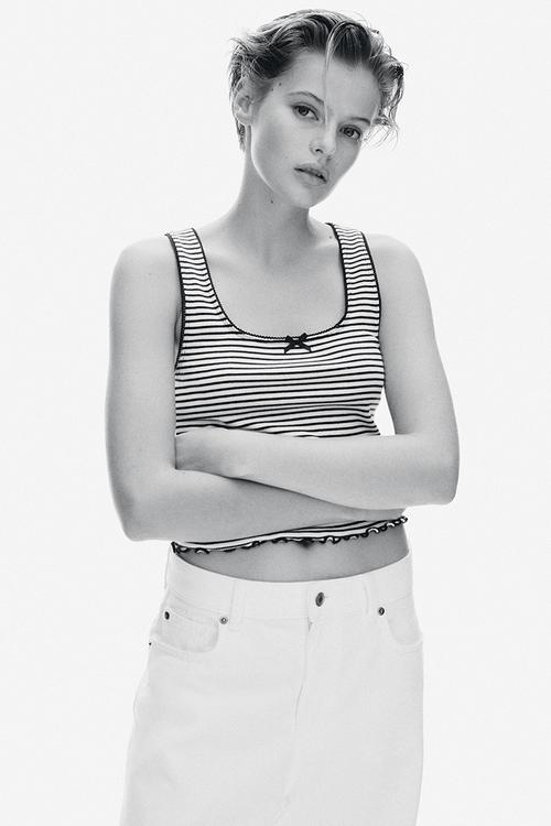 Pointelle jersey vest top - white/striped