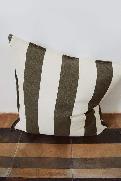 Linen-blend cushion cover - dark olive green/striped