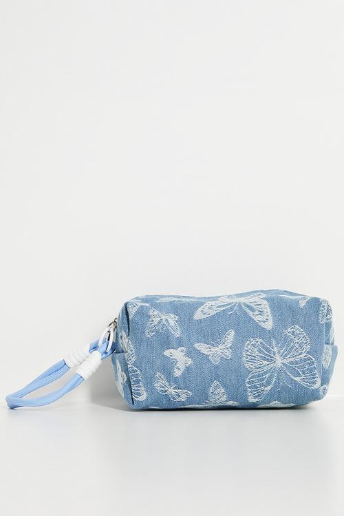 Butterfly embroidered denim toiletry bag - blue
