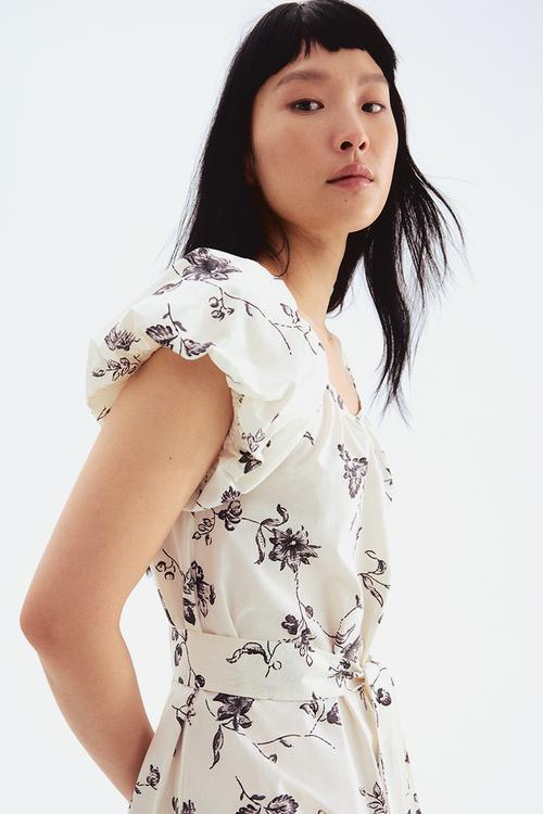 Puff-sleeved poplin dress -white/black floral 