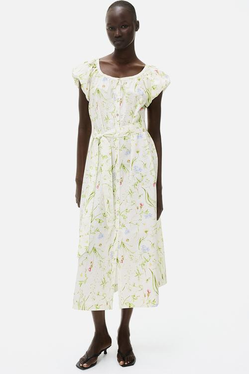 Puff-sleeved poplin dress - white/floral 