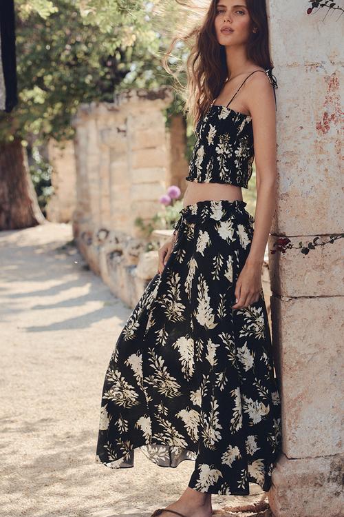 Tie-strap smocked top - black/floral 