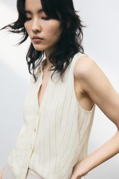 Linen-blend sleeveless shirt - cream/pinstriped