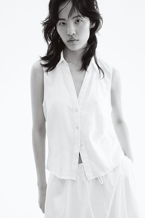 Linen-blend sleeveless shirt - white