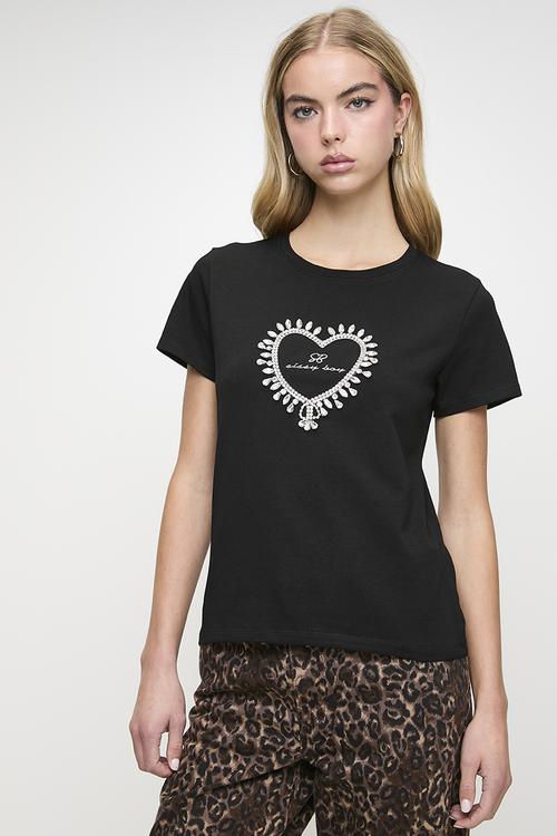 Heart Of Gold : Regular Tshirt With Bling Heart And Embroidered Logo - Black
