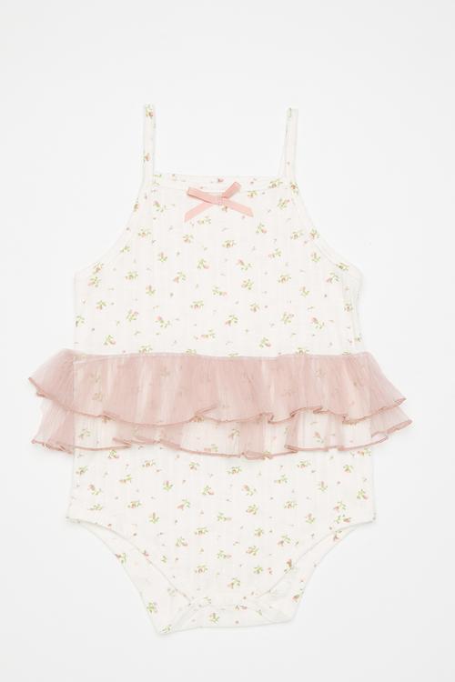 Ditsy floral bodyvest with double mesh flounce - off white/pink