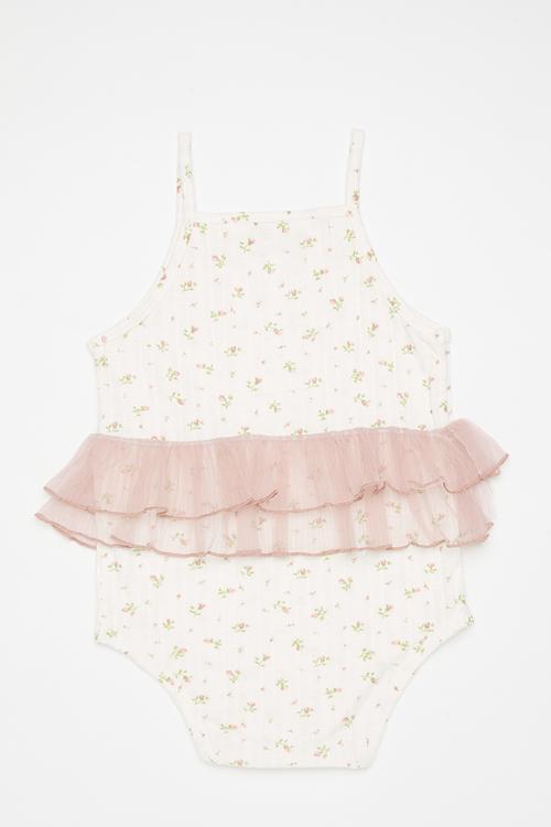 Ditsy floral bodyvest with double mesh flounce - off white/pink