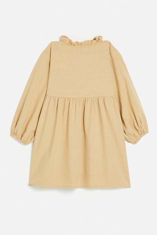 Pin tucked bib dress with ruffle collar - brown