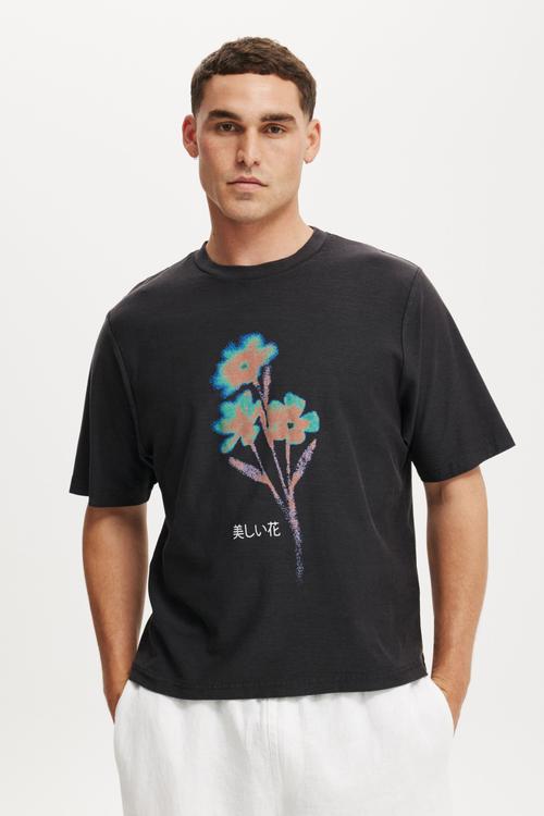 Cropped Fit Graphic T-shirt - Washed Black/Floral Beauty