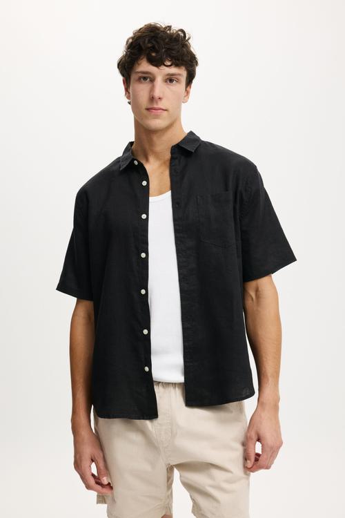 Relaxed Linen Short Sleeve Shirt - Black