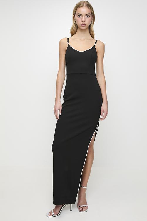 Skip A Beat: Maxi Dress, High Slit And Pearl Diamante Trim - Black