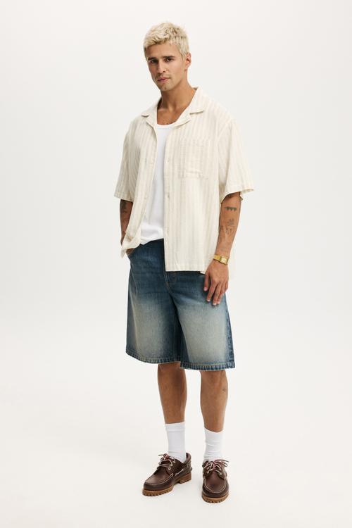 Textured Short Sleeve Shirt - Stone Textured Stripe