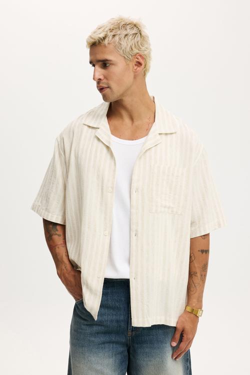 Textured Short Sleeve Shirt - Stone Textured Stripe