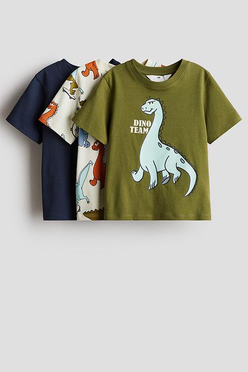 3-Pack printed T-shirts - khaki green/dinosaurs