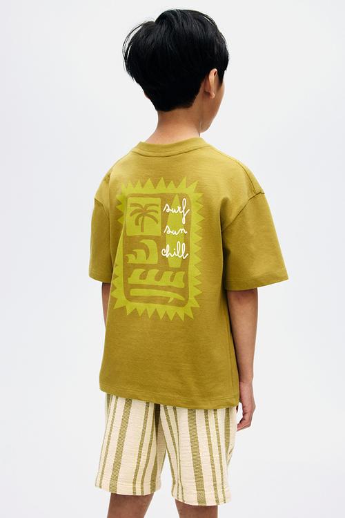 Loose-fit printed T-shirt - olive green/surf sun chill