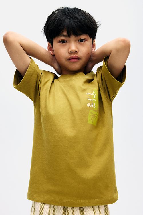 Loose-fit printed T-shirt - olive green/surf sun chill