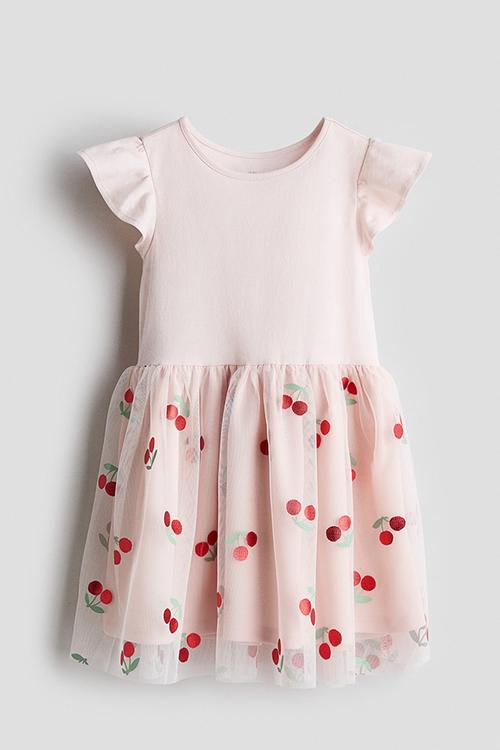 Tulle-skirt jersey dress - pink/cherries 