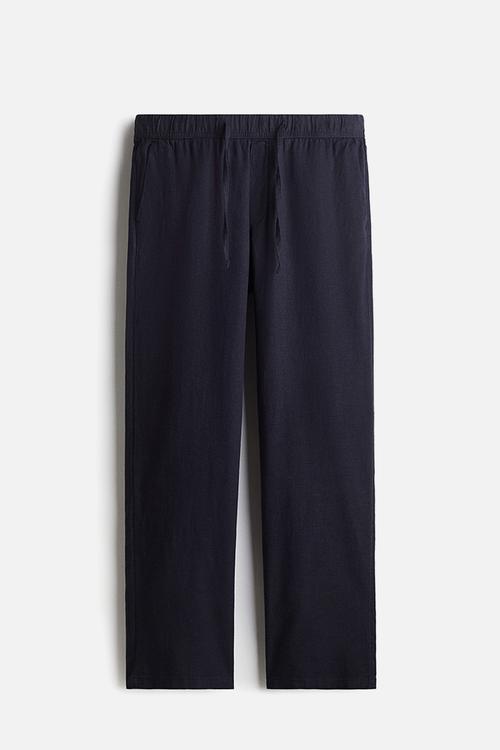 Relaxed fit linen-blend trousers - navy blue
