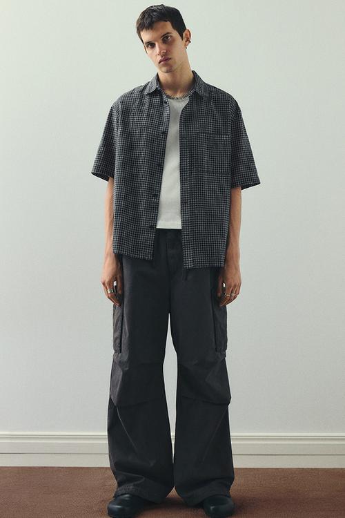 Oversized fit short-sleeved linen-blend shirt - black checked