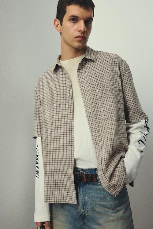 Oversized fit short-sleeved linen-blend shirt - beige checked
