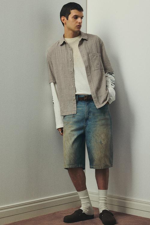Oversized fit short-sleeved linen-blend shirt - beige checked