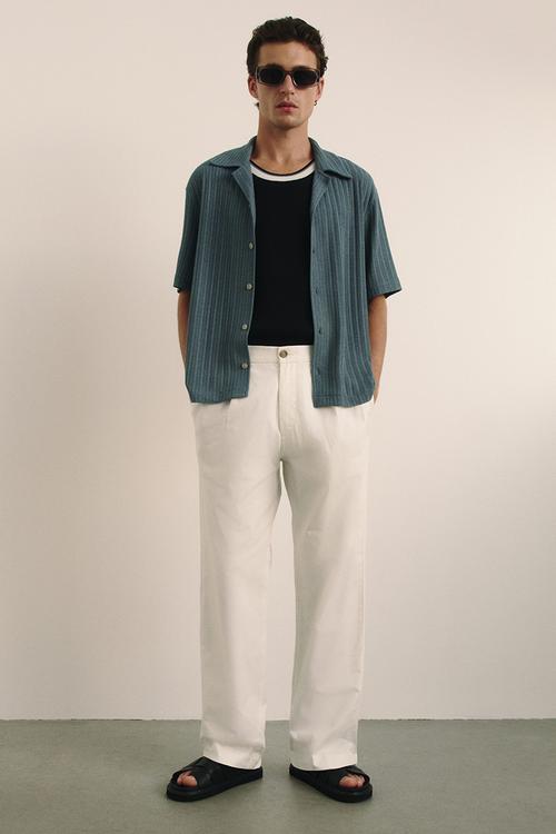 Loose fit rib-knit resort shirt - turquoise